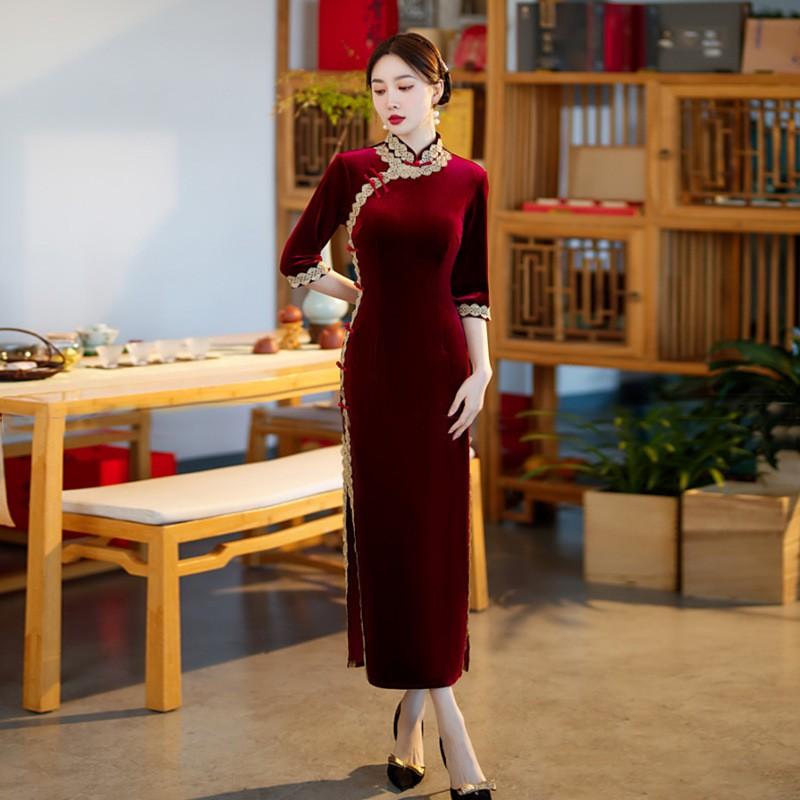 Red Velvet Long Sleeve Chinese-style Dress Women Vintage Retro High-end Qipao-Inspired Gown Wear Medium