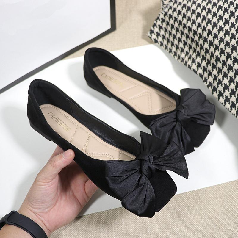 Fashion 2025 Big Silk Bowknot Flat Shoes Woman Suede Leather Slip On Loafers Spring Summer Shallow Mouth Bow Moccasins Big Size 43