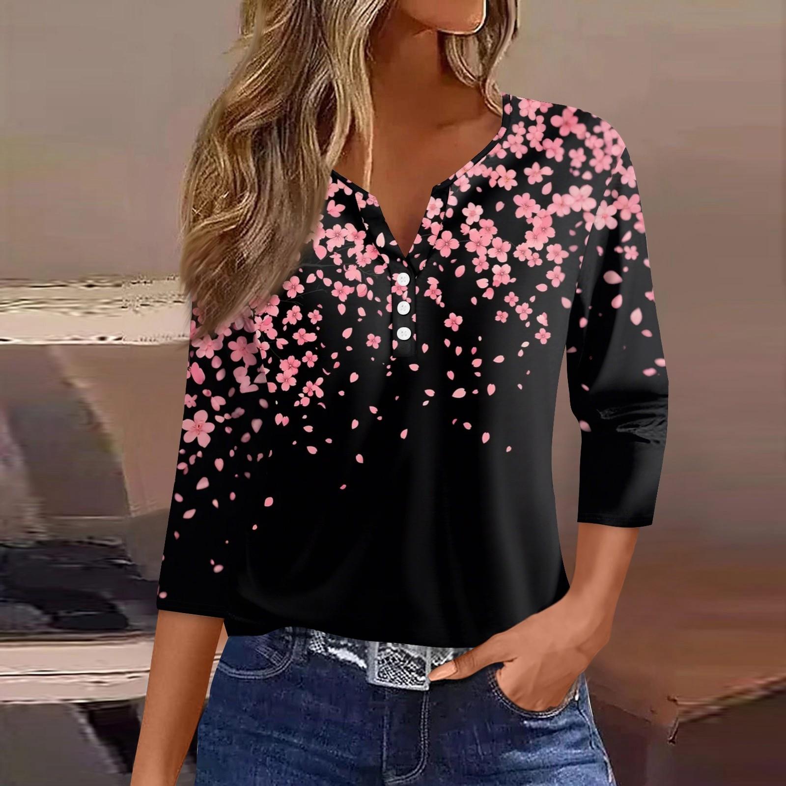 

Жен. Футболка С принтом Пуговицы Рукав 3/4 Повседневные Выходные Мода Классический Классический V-образный вырез Обычный Верх L чёрный
