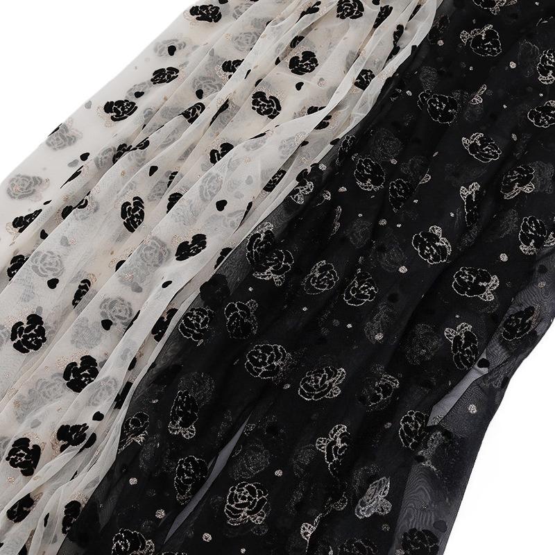 1meter Black Beige Rose Flower Velvet Embossed Gold Powder Mesh Fabric Flocking African Tulle Jacquard Fabrics for DIY Sewing