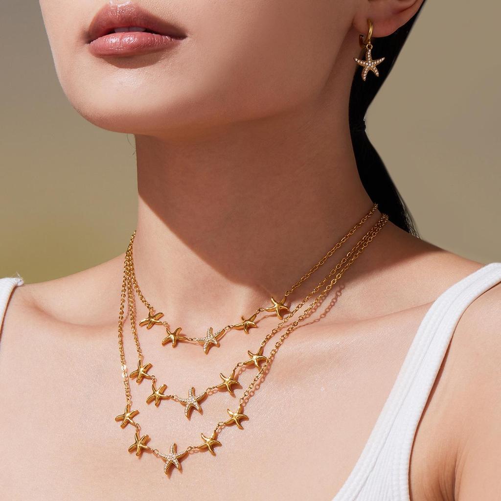 18K Gold-Plated Stainless Steel Star & Diamond Beach Vacation Jewelry - Fade Resistant