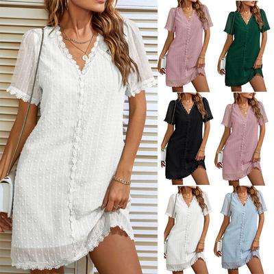 Summer New Style Lace Splicing Short-sleeved Mid-length Loose Skirt for Women