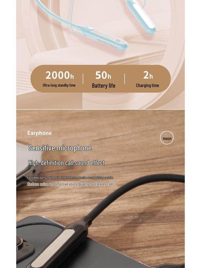 Neck-Hanging Sports Bluetooth Headset with Large Battery and Digital Display for Super Long Wireless Use