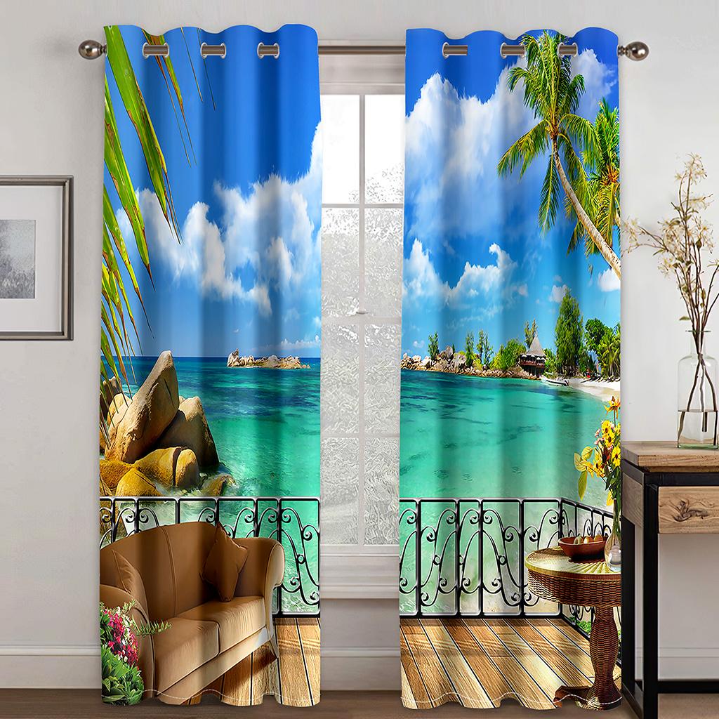 3D-Vorhänge mit Naturlandschaft, blauem Sand, Strand, Meer, Palmenblättern, Schattierung aus Polyester, für Schlafzimmer, Wohnzimmer, Heimdekoration, Haken