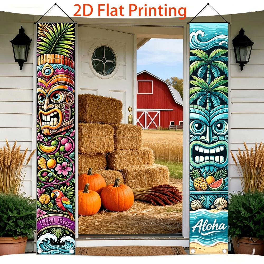 2D Flat, 2pcs Set Hawaiian Totem Themed Pair of Hanging Couplets, Suitable for Hawaiian Tropical Parties, Bar and Store Displays, Beach-Themed Events,