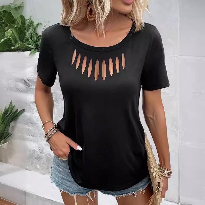 Women's Solid Color Casual and Fashionable Chest Hollow Loose Short-sleeved T-shirt