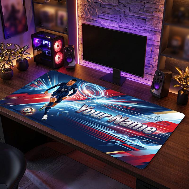 Tappetino per Mouse Grande Personalizzato Kylian Mbappe, Stampa Testo Nome Personalizzato, Tappetino da Scrivania Antiscivolo con Logo Calcio, Regalo per Gamer
