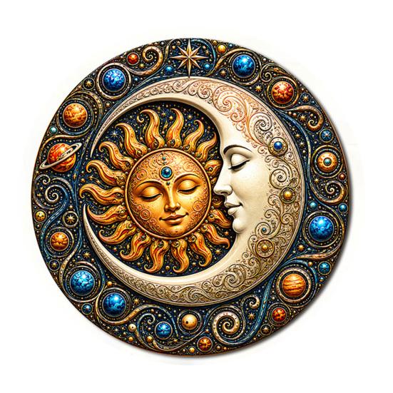 Indoor And Outdoor Wall Decor Sun Moon Art, 8Inch Round Metal Sign, Exotic Home Decoration Boho for Living Room Bedroom Entrance
