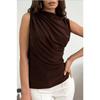 Damen Frühling Sommer Neu, Modischer Vielseitiger Einfarbiger Ärmelloser Pullover mit Falten, Hemd mit Halbtunnelkragen