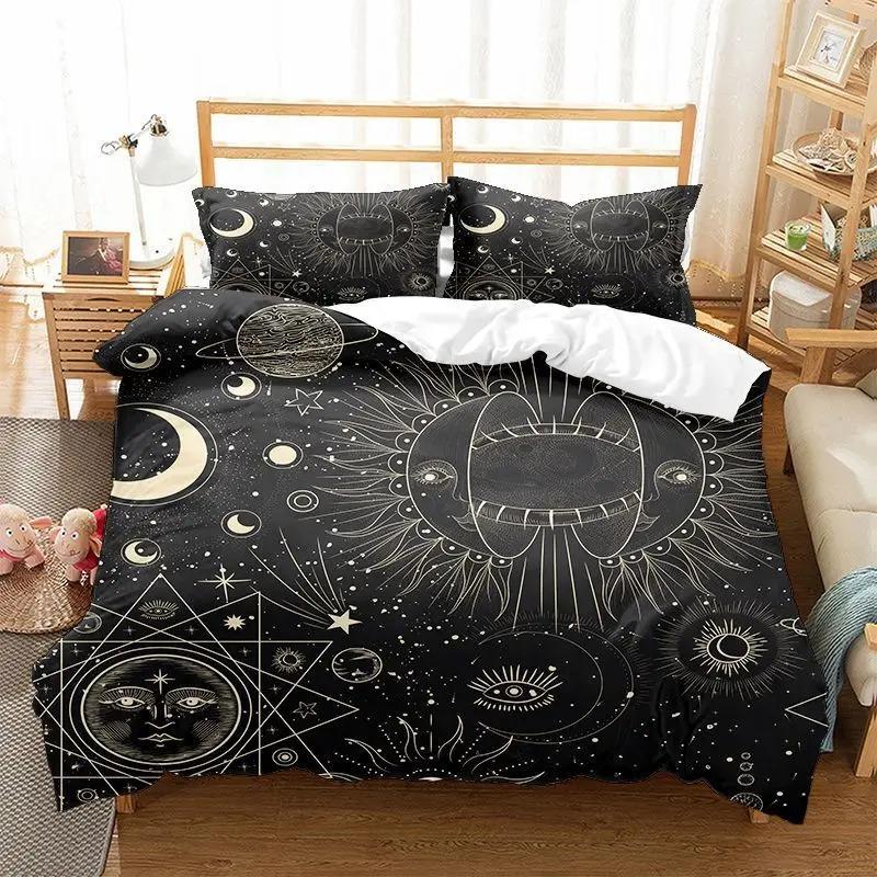Sonne Mond Bettbezug KingQueen Größe, Galaxie Boho Exotisches Bettwäscheset Schwarz Gold Astrologie Himmlisch Polyester Steppdecke