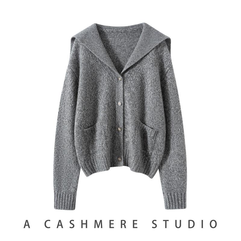 Navy Heavy Craftsmanship Cashmere Cardigan: Women's Loose Knit Sweater, Thickened Collared Casual Top