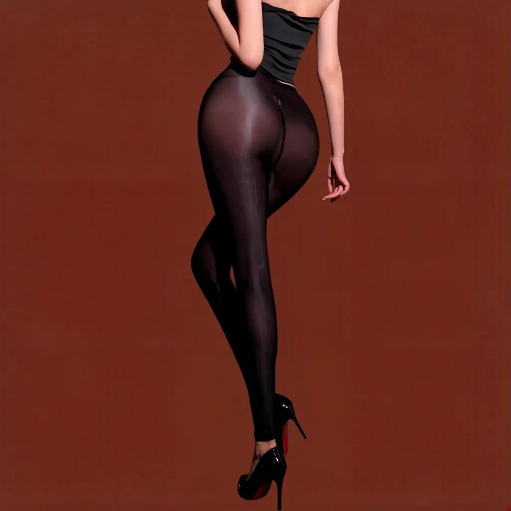 Fashion Women Thin Pants Sheer See Through Oil Shiny Leggings Pencil Pants Elastic Smooth Shaping Slim Ninth Pants Maid Tights