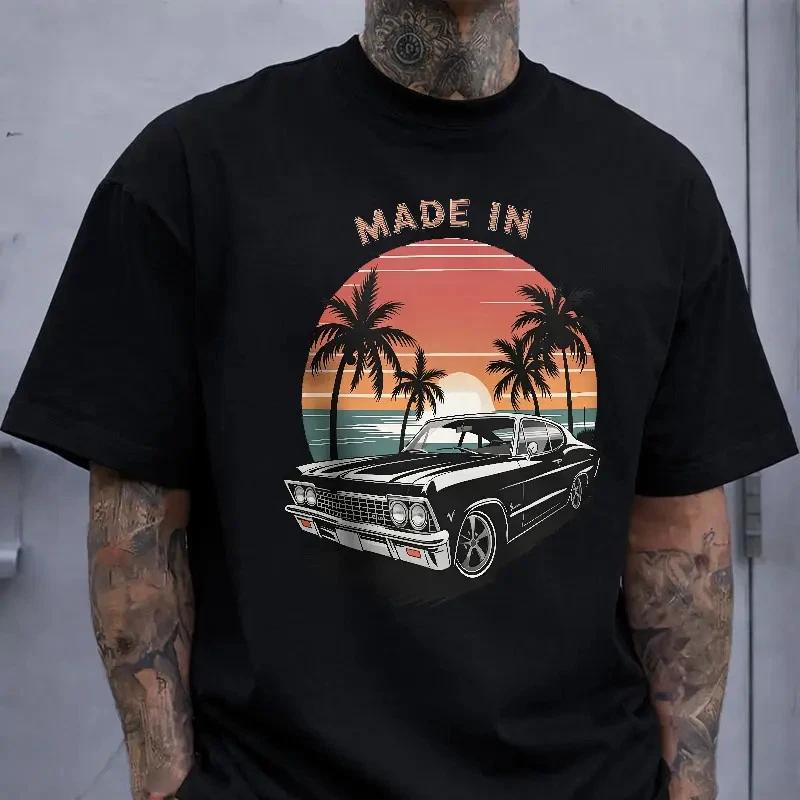 Men s Vintage Sunset Classic Car Graphic T-Shirt Casual West Coast Streetwear M