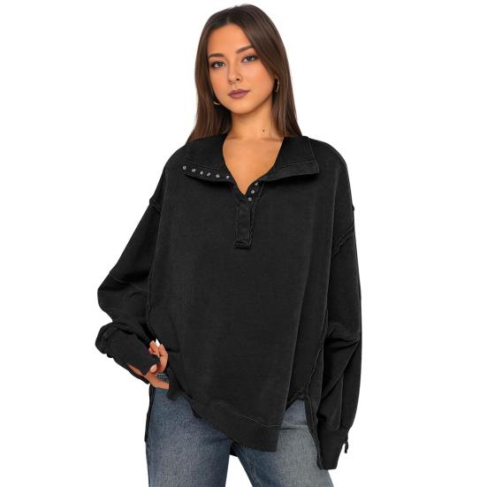 Fall Spring Women Sweatshirt Loose Turn-down Collar Lantern Sleeves Loose Solid Color Side