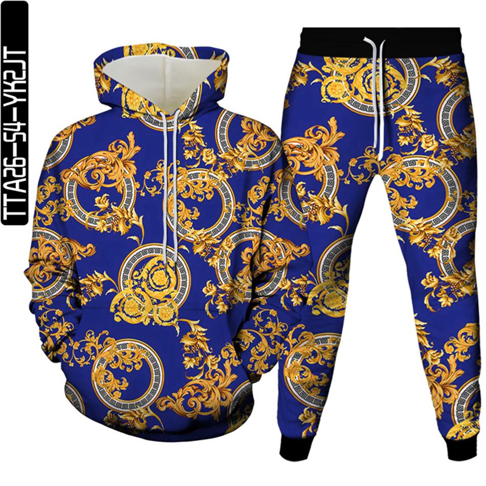 Golden Flowers Male Casual 3D Printed Clothes Sets Luxury Royal Harajuku Autumn Women Hoodies+Trousers 2Pcs Tracksuit Size S-6XL