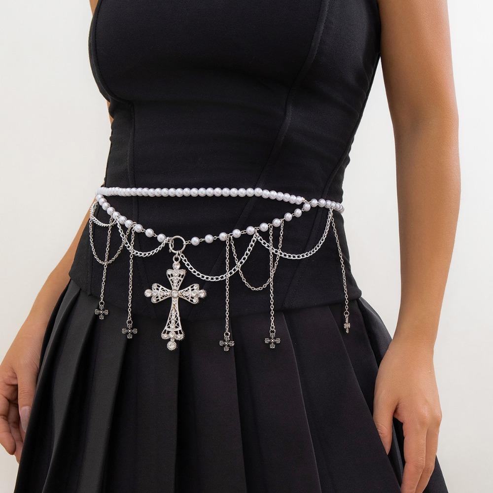 Adjustable Y2K Silver Waist Chain Zinc Zinc Alloy Crystal Tassel Waistband Cross Black Chain Belt  Cool Girls