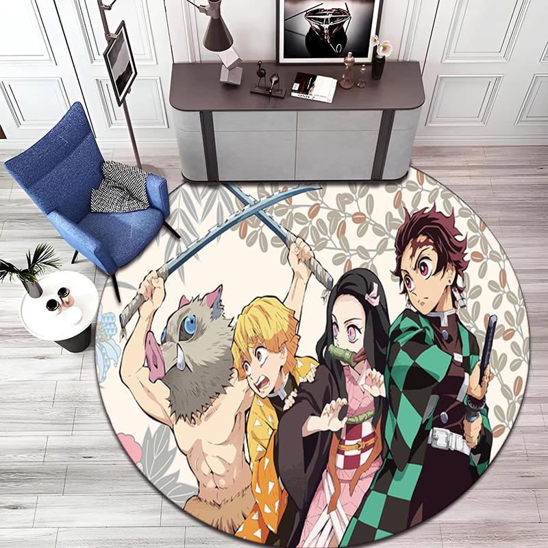 Classic Japanese-style Cartoon Demon Slayer Round Rug, Home Soft Decorative Anti-slip Yoga Mat and Chair Mat, Outdoor Floor Mat Carpet K33
