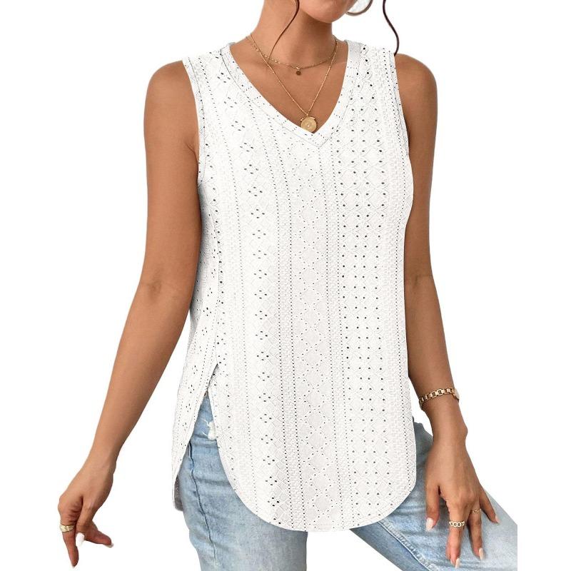 Colete feminino de verão cor sólida com decote em V dividido camiseta regata