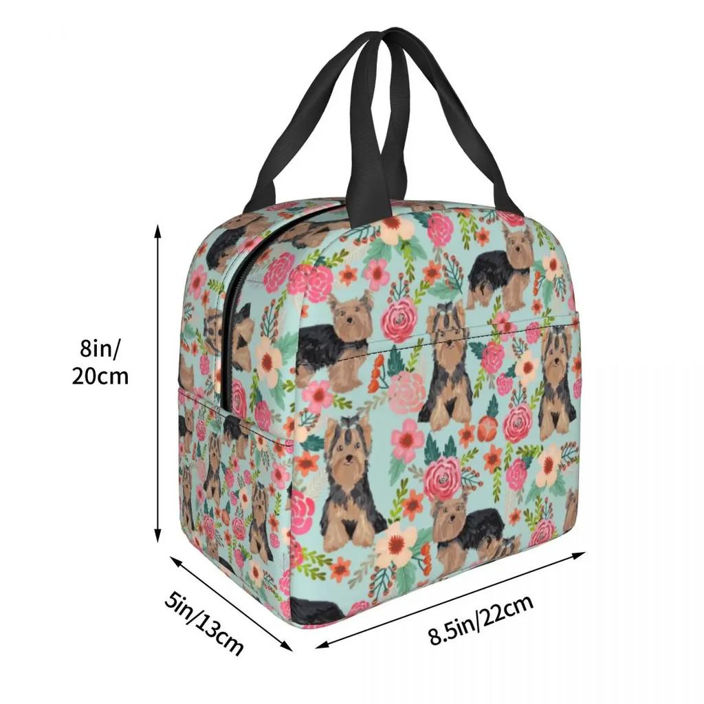 Torby na lunch dla mężczyzn kobiet Pies Yorkshire Terrier Vintage Kwiaty Termiczna Torba Chłodząca Przenośna Piknikowa Zwierzę Oxford Torba na Zakupy Torba na Jedzenie