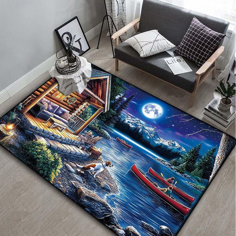 Moonlight Lake Cabin Area Rug, Canoe Scenery Floor Mat