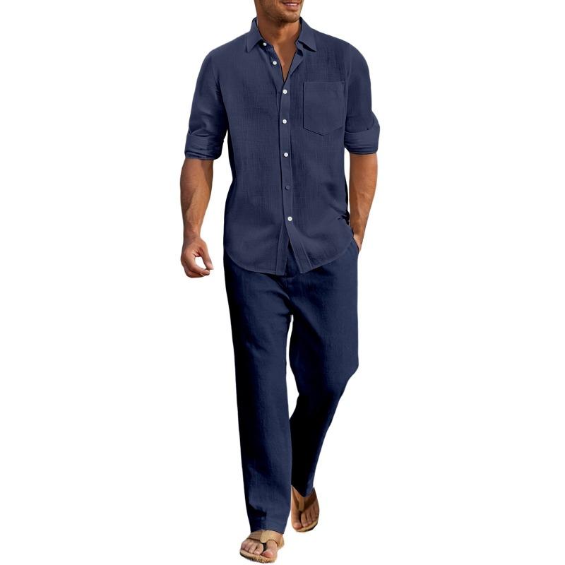 

Men s Four Seasons Cotton and Linen Long Sleeve Shirts and Pants Casual Thin Breathable Beach Yoga Linen Shirt Set 5XL темно-синього кольору