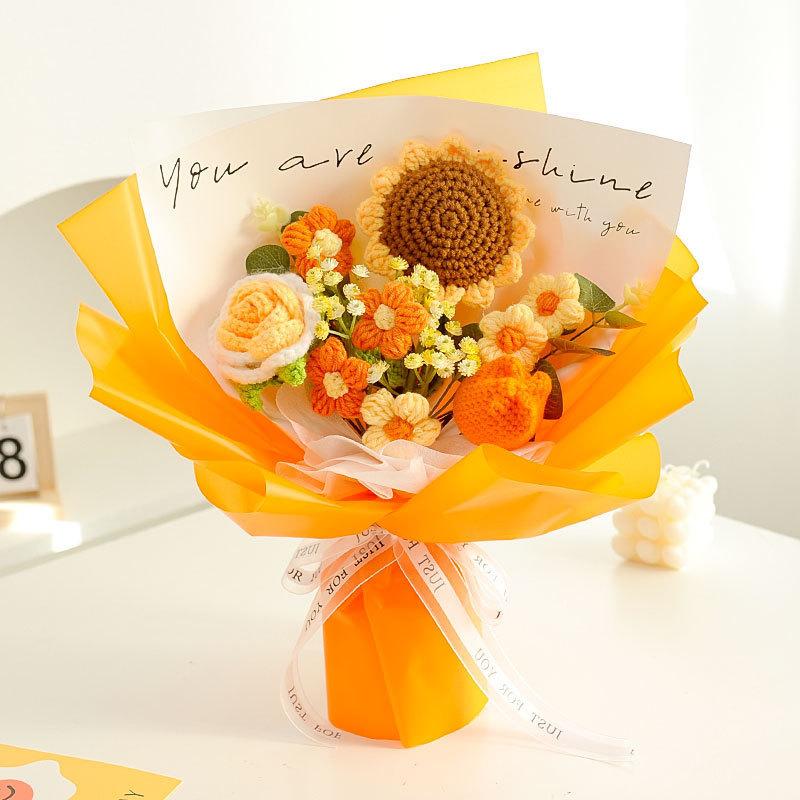 Hand Knitted Sunflower Rose Bouquet for Graduation Gift Artificial Crochet Flowers Never Wilt Home Table Decor