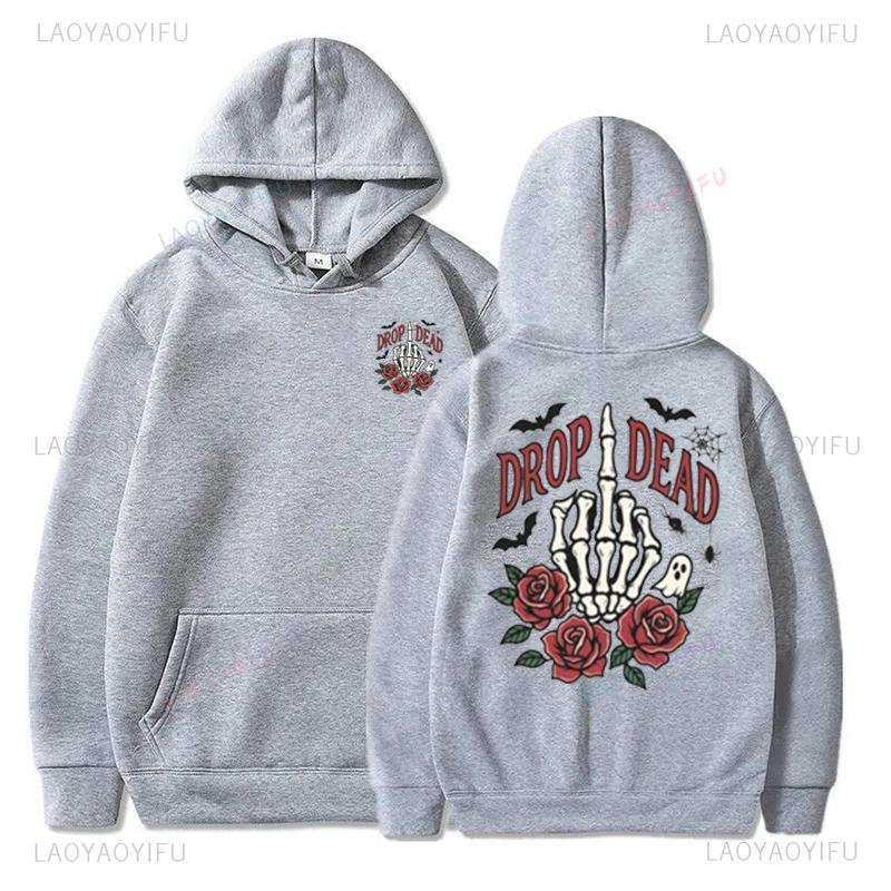 Halloween Skeleton Hoodie Drop Dead Vintage Retro Sweatshirt Spooky Season Pullover Cotton Unisex Funny Costume Party Gift