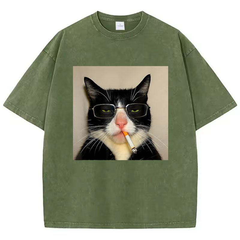 Oversize Cool T Shirt Vintage Washed Cotton T-Shirt Hip Hop Smoking Cat Graphic Tee Casual Streetwear Spring Summer