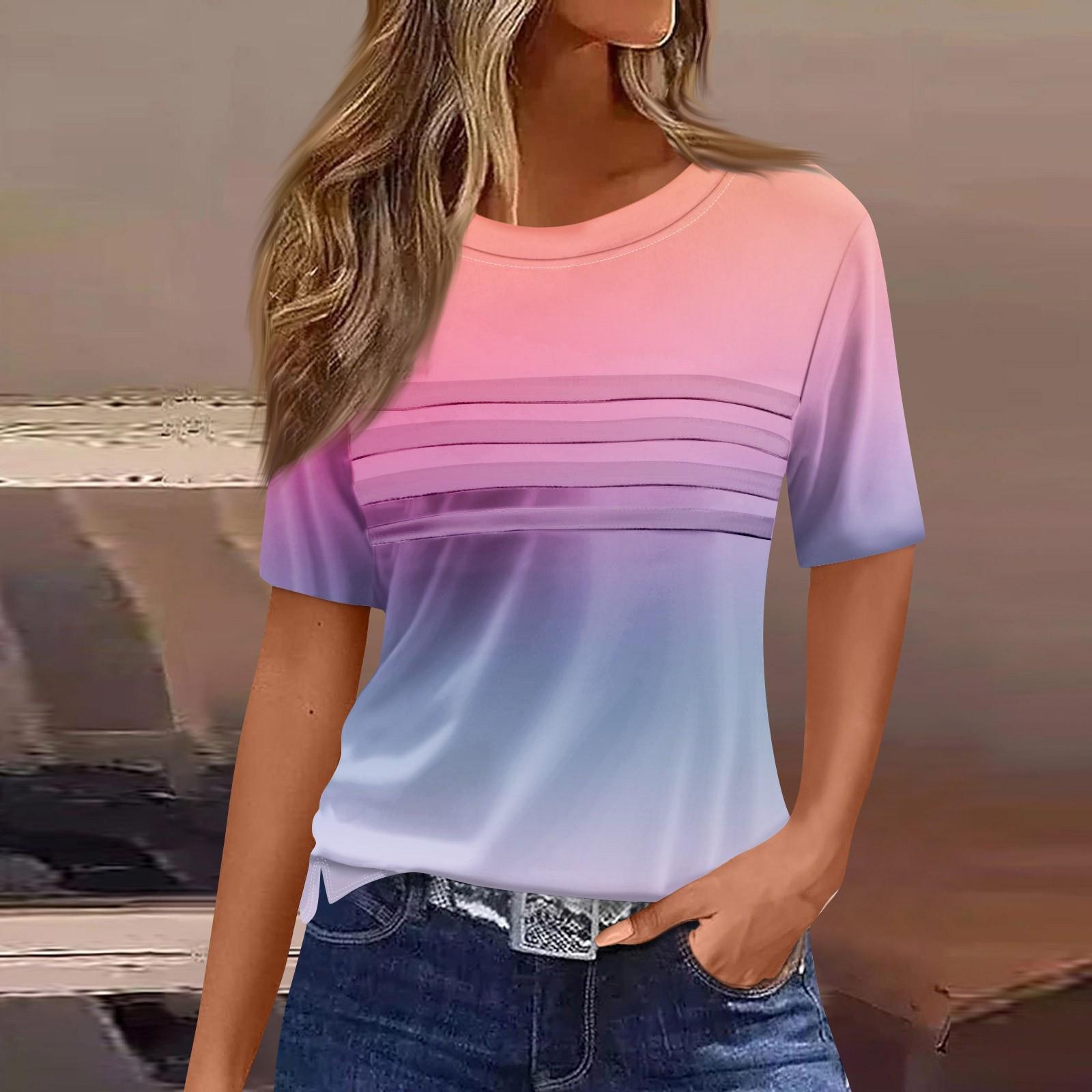 

Женская плиссированная футболка с круглым вырезом и градиентным принтом, короткий рукав, топ с разрезом по низу XXXL