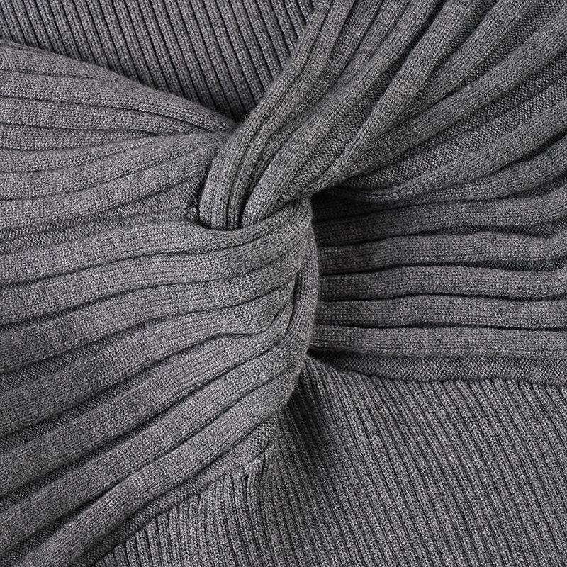 Women's European & American Style Grey Twist Slim-fit Pleated V-neck Long Sleeve Top