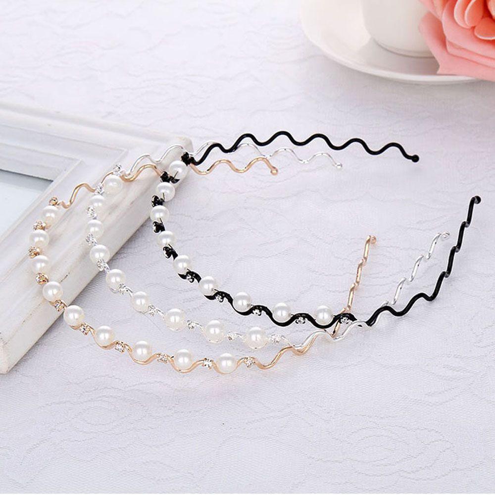 Wedding Jewelry Hair Band Metal for Women Headwear Pearl Crystal Wave Hairband Black Silver