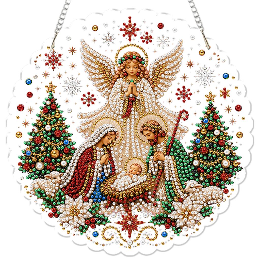 DIY Christmas Pearl Art Kit Acrylic Round Pendant with 3D Pearl Beads Chain Hanging Diamond Painting Craft for Festival Decor