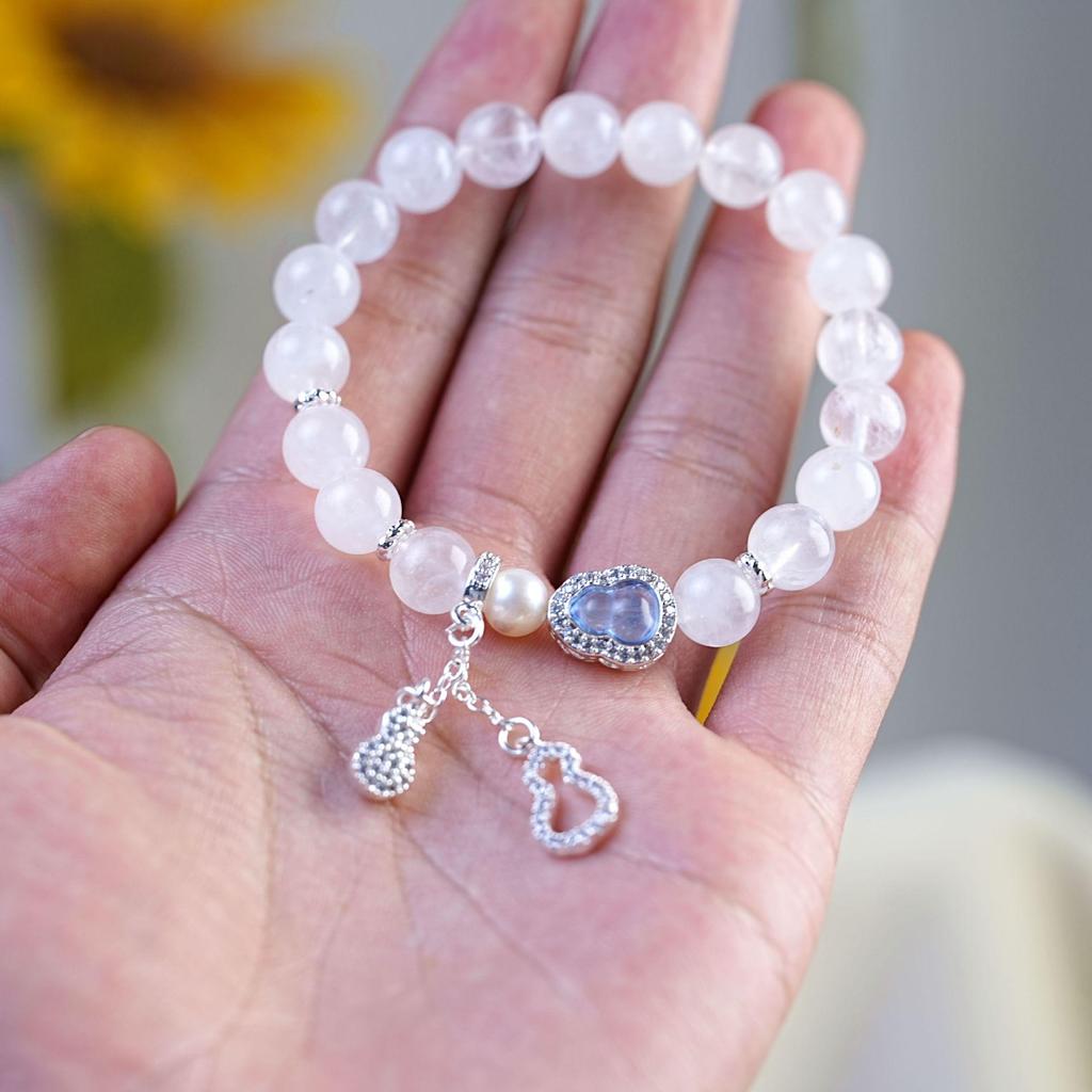 Pink Crystal & White Pearl Beaded Bracelet with Retro Gourd Pendant for Women