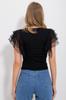 Women's Blouse New Season Fashion Black U-Neck Tulle Sleeve Button Detailed Blouse