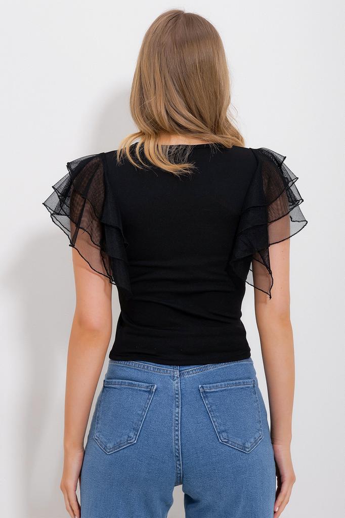 Women's Blouse New Season Fashion Black U-Neck Tulle Sleeve Button Detailed Blouse