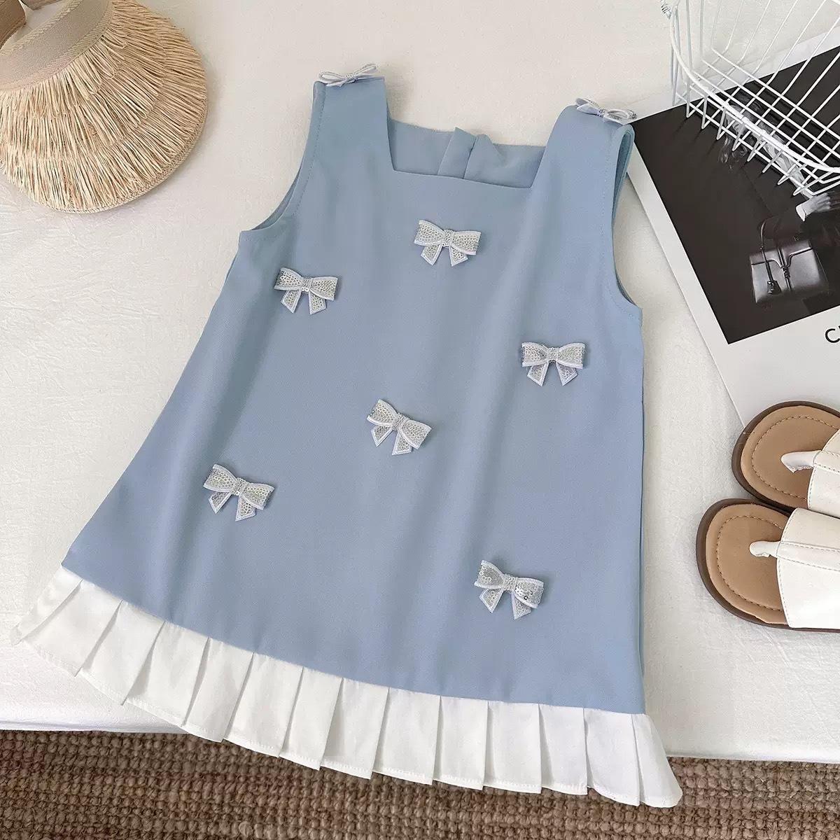 Cute Summer Girls Sleeveless Dress With Bow Fashionable Princess Vest Dress For Kids Toddler Party Wear 90cm синий