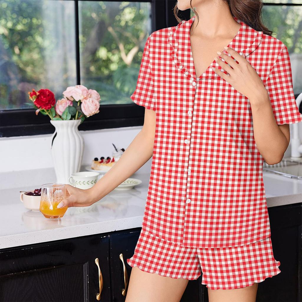 Women's Two Piece Pajama Set Button Front Short Sleeve Top and Shorts Ruffle Trimmed Sleepwear Lounge Set Soft Fabric