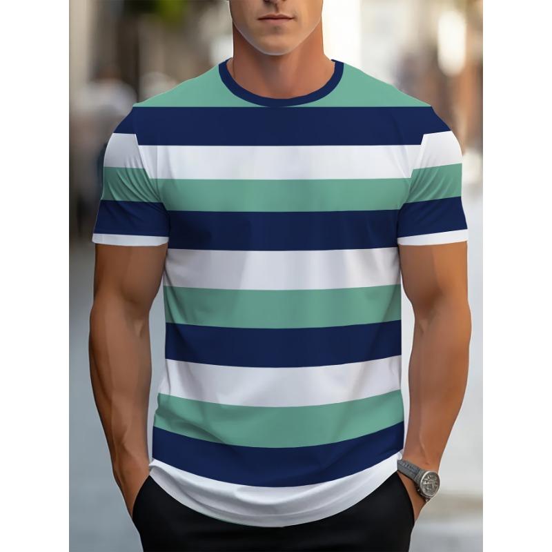 

Men s casual sports short sleeved T-shirt summer men s simple breathable striped contrasting round neck short sleeved top S