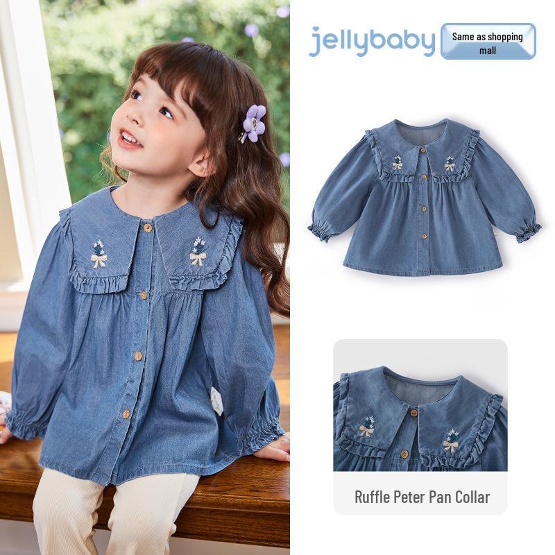 Girls  Soft Denim Baby Doll Collar Shirt - Pure Cotton Toddler Top for Spring 110cm (Height 100-109cm)