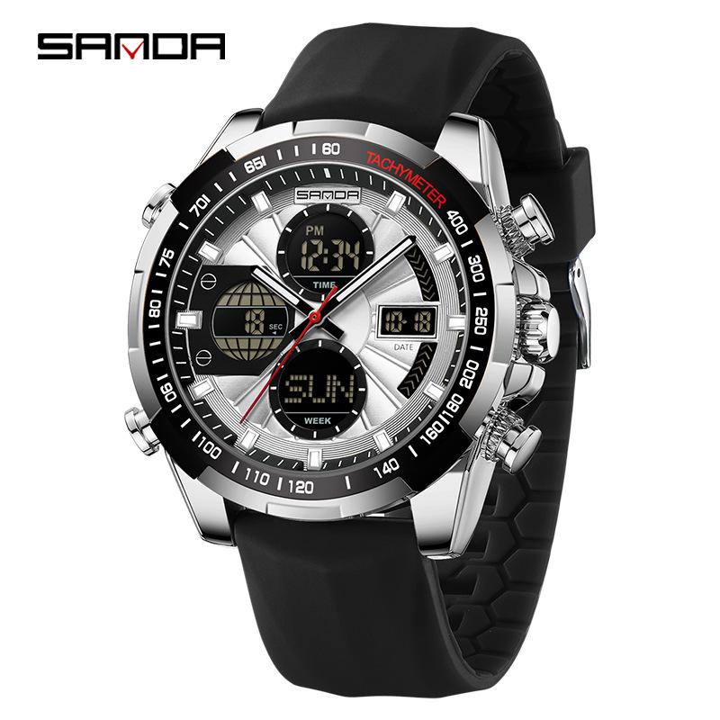 Sanda Dual Display Men's Multifunctional Sports Watch with Silicone Strap and Waterproof Feature