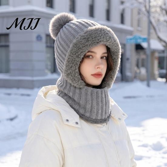 Elastic Warm Hat for Running Windproof Balaclava, Knitted Ski Mask Hat, Fleece Lined Knit with Winter Balaclava Men And Women Pompom, Cozy Neck Warmer