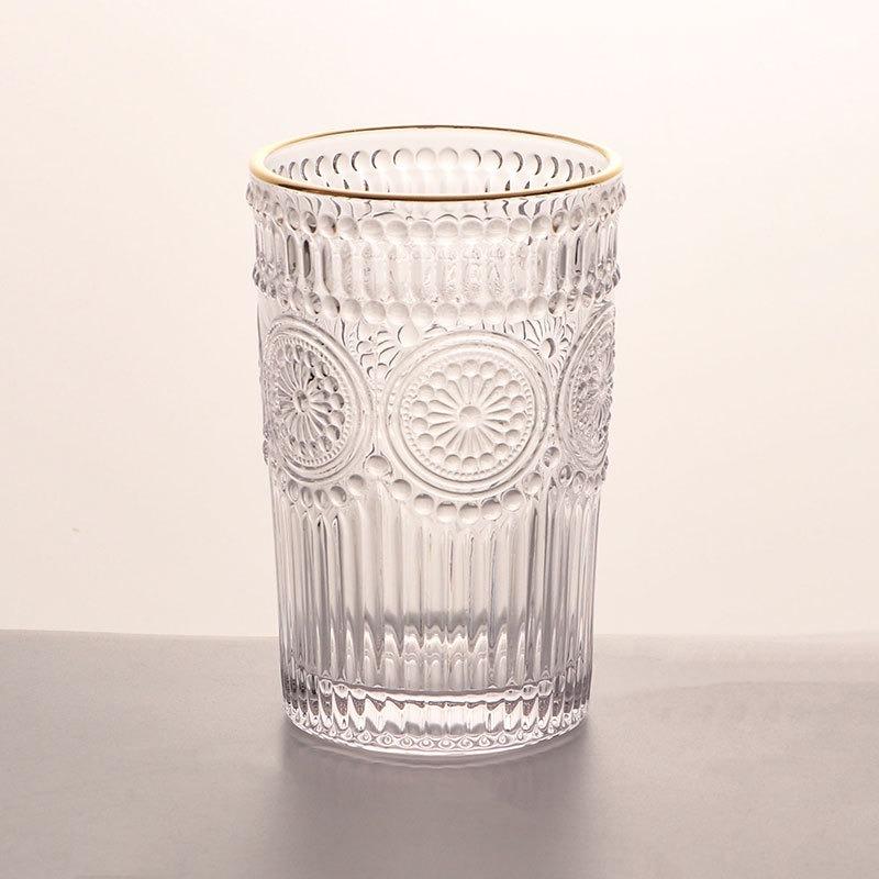 1pcs Golden Edge Sunflower Cup Embossed Glass Cup Water Cup Summer Ins Style Juice Drink Coffee  Beer Mug Transparent Water Cup