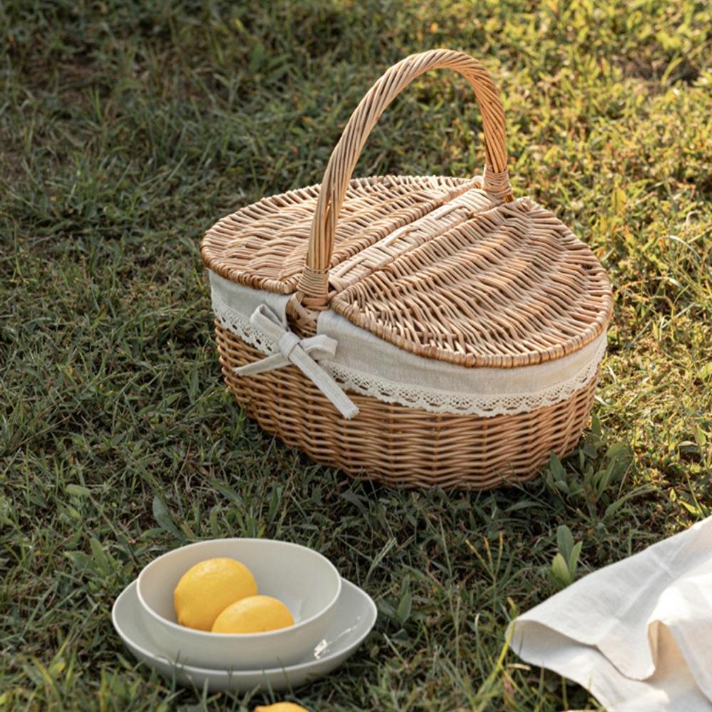 Woven Rattan Picnic Storage Basket Portable Outdoor Food Toy Organizers Basket with Lace Decor Home Travel Picnic Organizer Gift