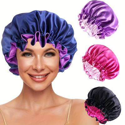 3 pezzi eleganti cuffie da notte in raso con design arricciato - doppio strato, fascia elastica, eleganti e comode per l'uso notturno o sotto la doccia
