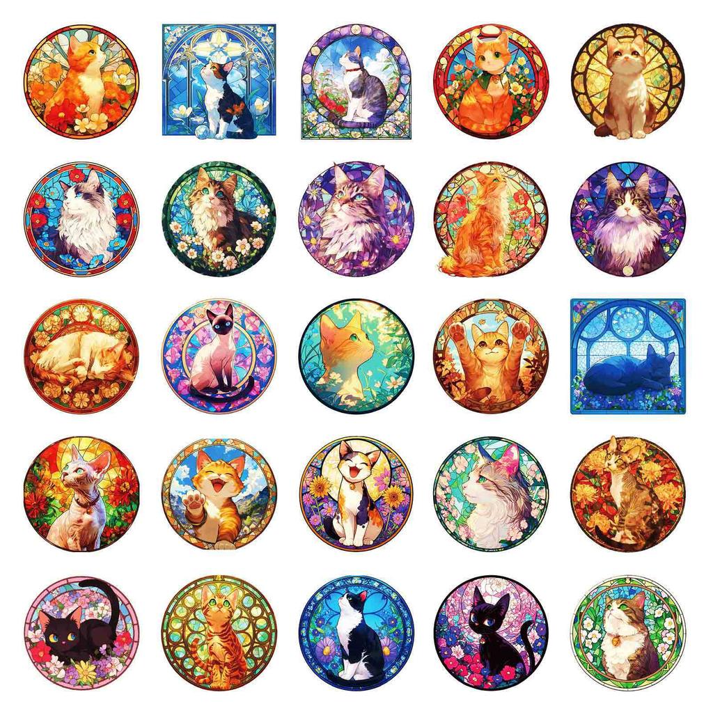 50 PP Material Waterproof Color Glass Cat Stickers DIY Mobile Phone Water Cup Laptop Decoration Stickers