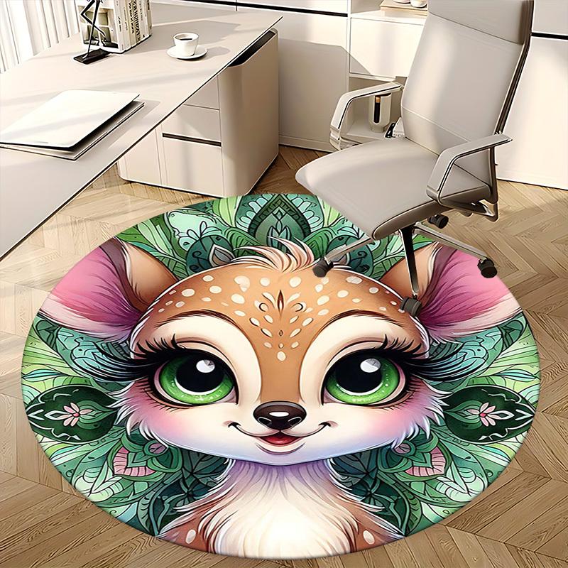 1pc Anime Inspired Forest Creature with Floral Mandala Round Carpet Office Chair Mat, Non Slip Rug for Home Decor, All Seasons