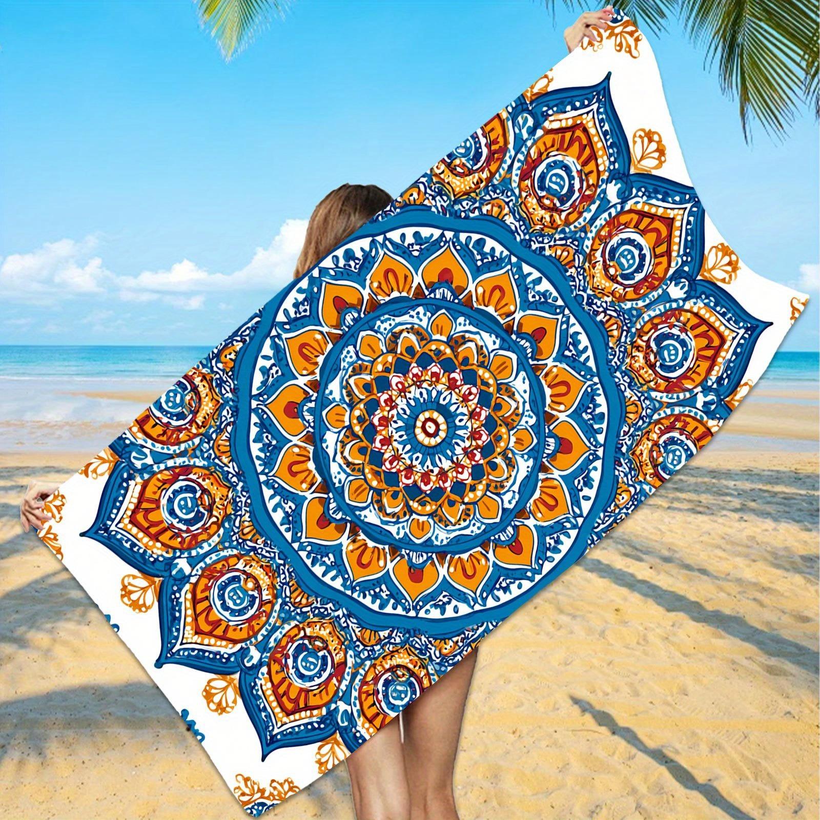 

1 Oversized Blue and Orange Mandala Beach Towel, Extra-large Bath Towel, Bohemian Mandala Print, Vibrant Turquoise and Golden W40*H60(CM)
