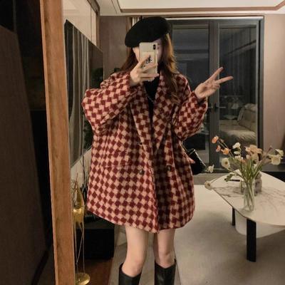 Rote Wollanzugjacke mit Schachbrettmuster für Damen im Winter, neuer Stil, kleines, verdicktes Design, Straßenmantel
