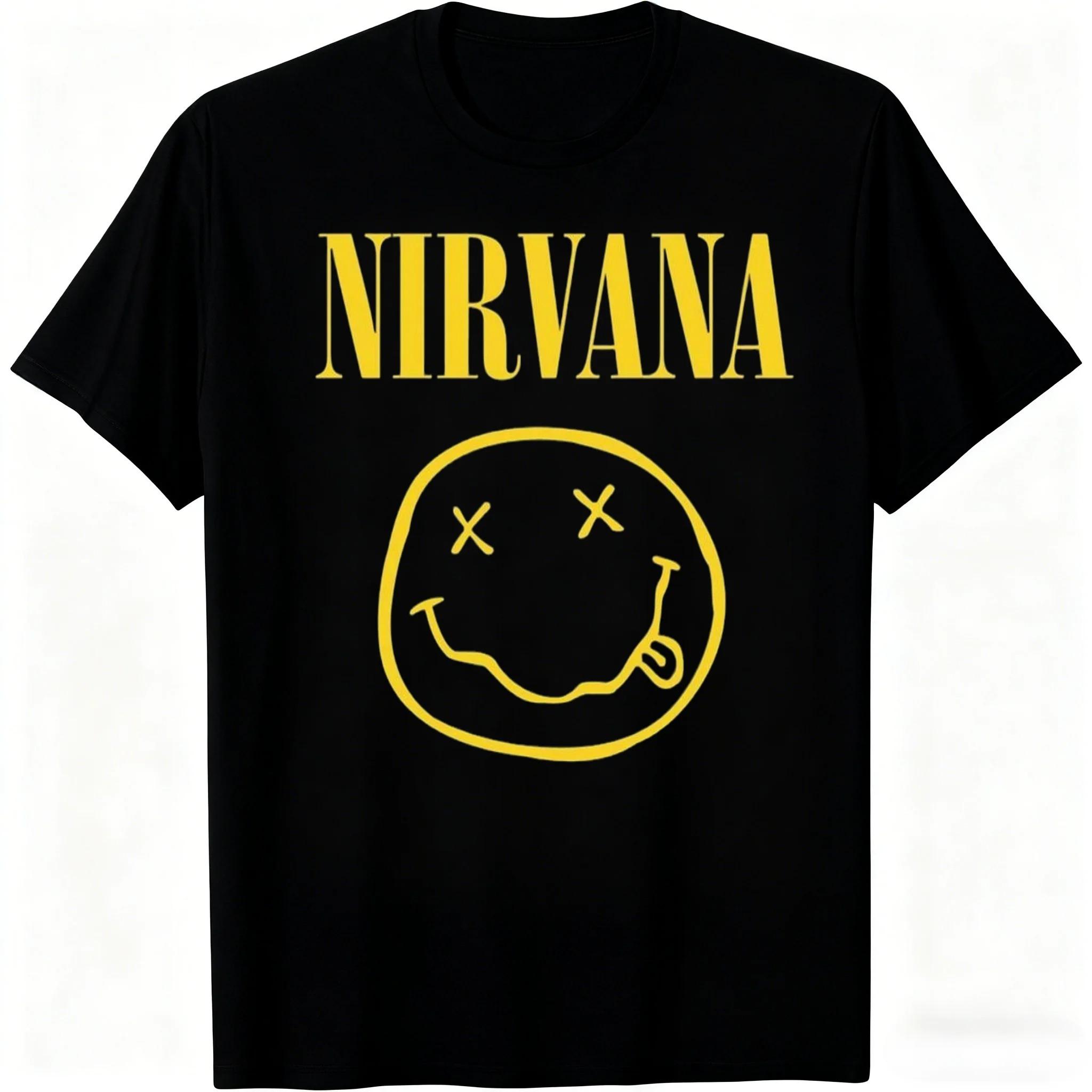 Nirvana Classic Smile Logo Vintage Rock Band T-Shirt Grunge Music Unisex Black Oversized Women And Men T-shirts 4XL