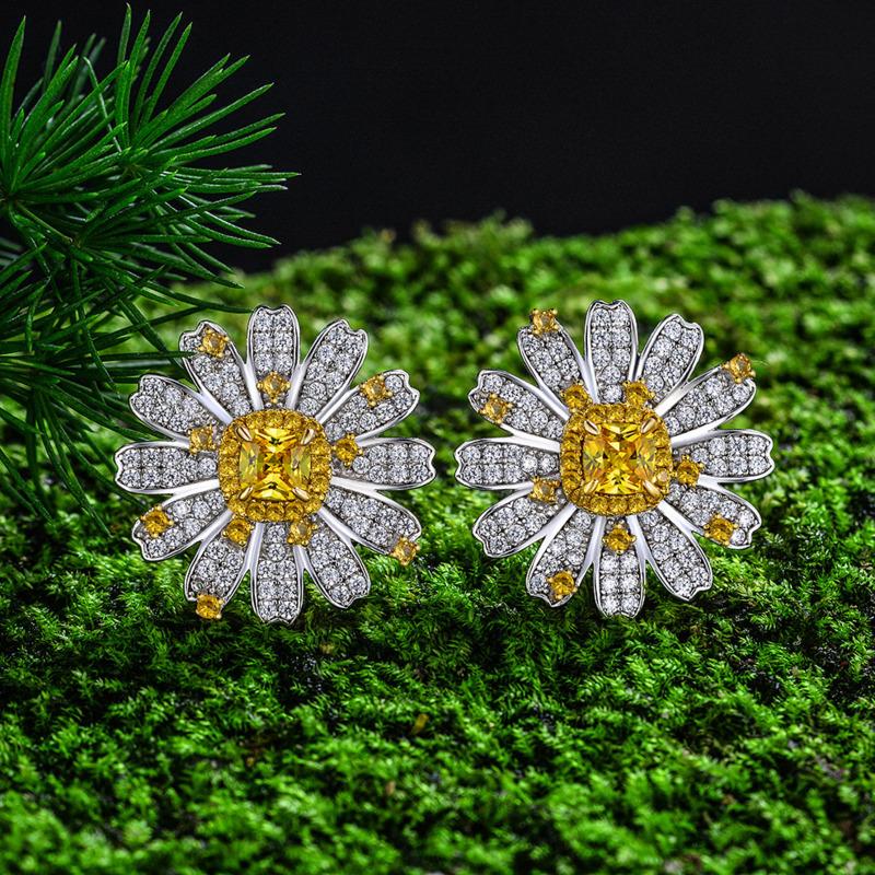 Gica Gema Gelbe High Carbon Diamond Ohrringe 925 Sterling Silber Blumen Ohrstecker Einzigartiges Design Romantischer edler Schmuck Hochzeitsfeier Geschenke